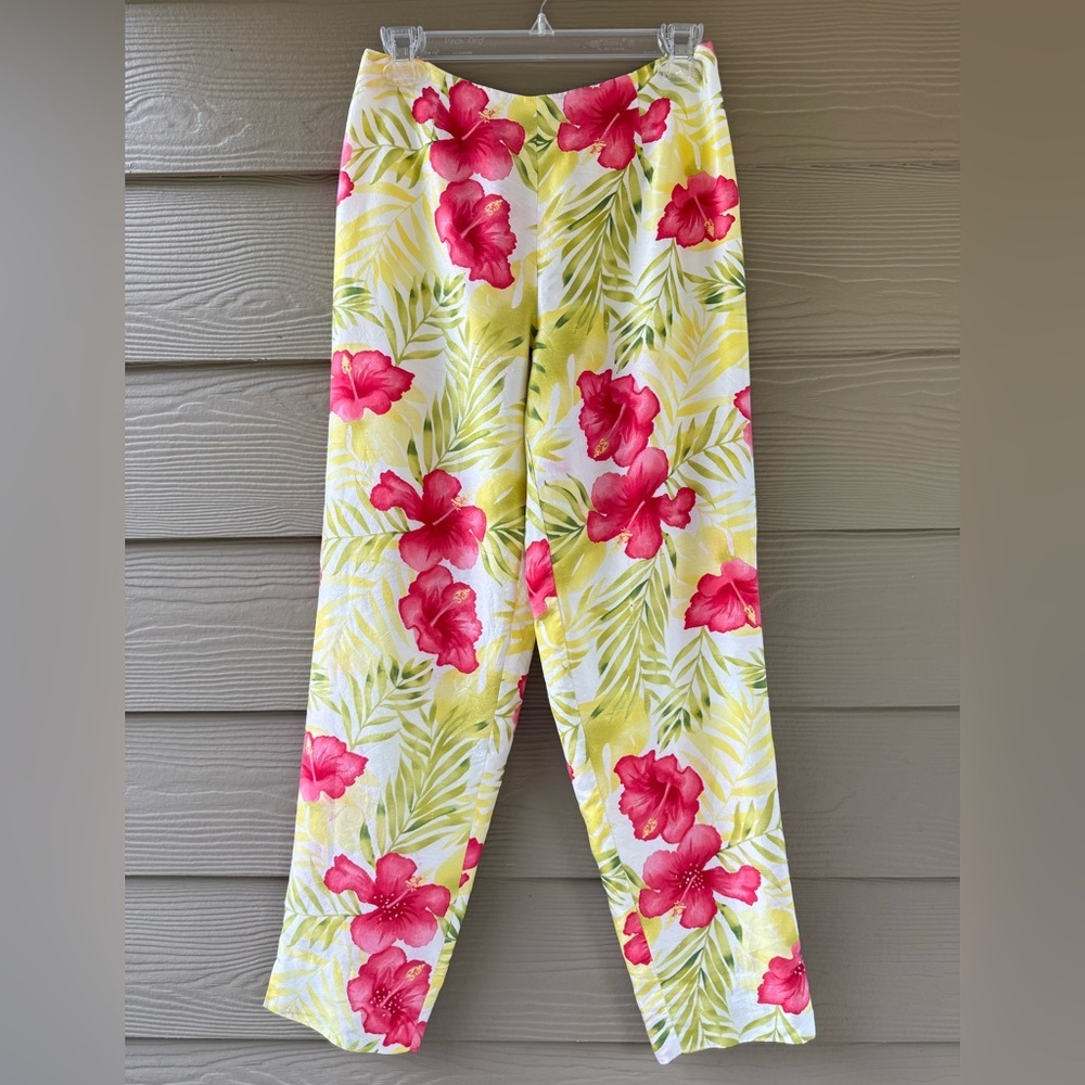 BetU 100% SILK Yellow Pink Floral Beaded Lined Tropical Summer Pants Size 4
